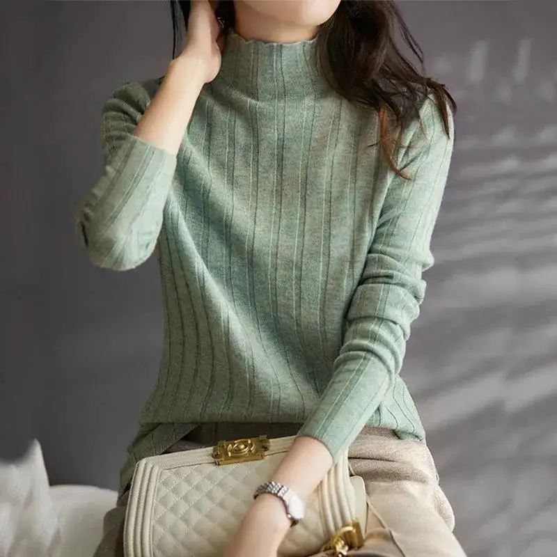 Korean Fashion Autumn New Women Pullovers Sweaters Women Solid Mock Neck Striped Bottoming Female Slim Long Sleeve Knitted Tops