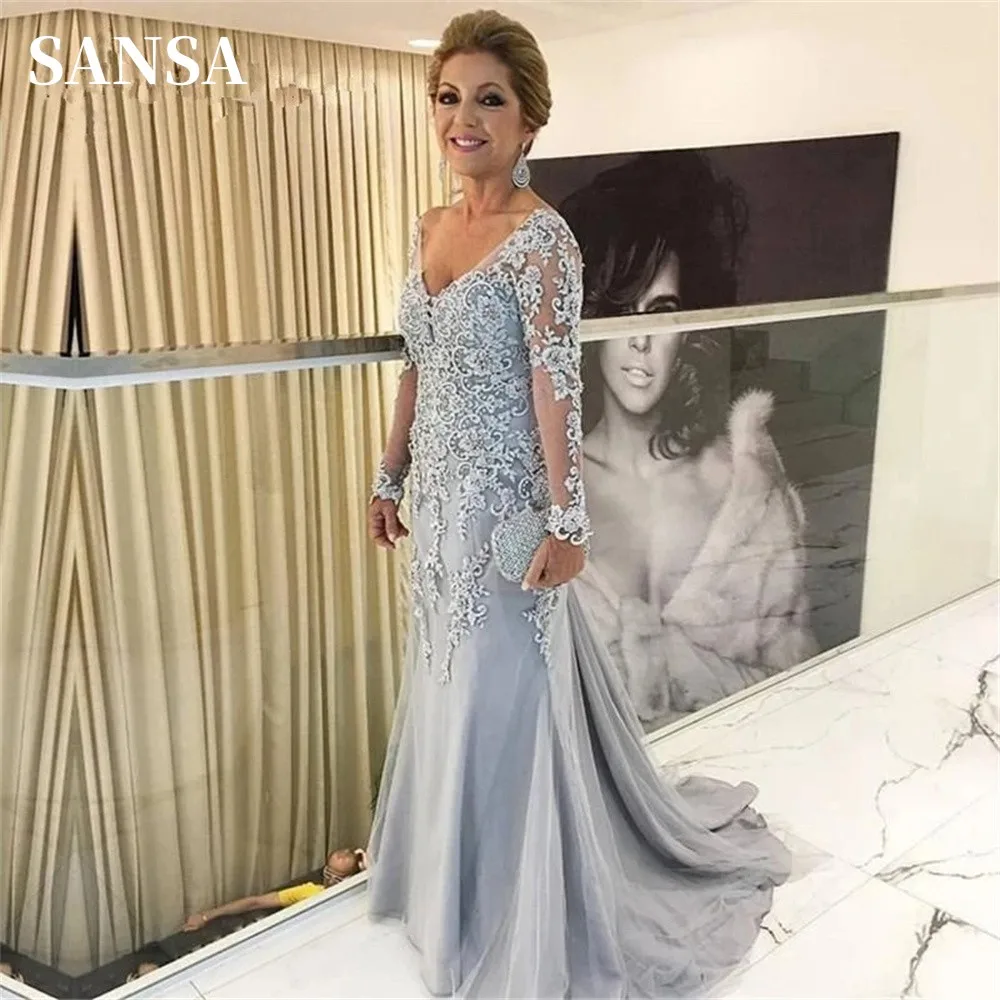 Sansa Grace Long Sleeve Robes Invitée Mariage Mermaid Train Mother Of The Bride Dresses For Weddings V-neck فستان الزفاف