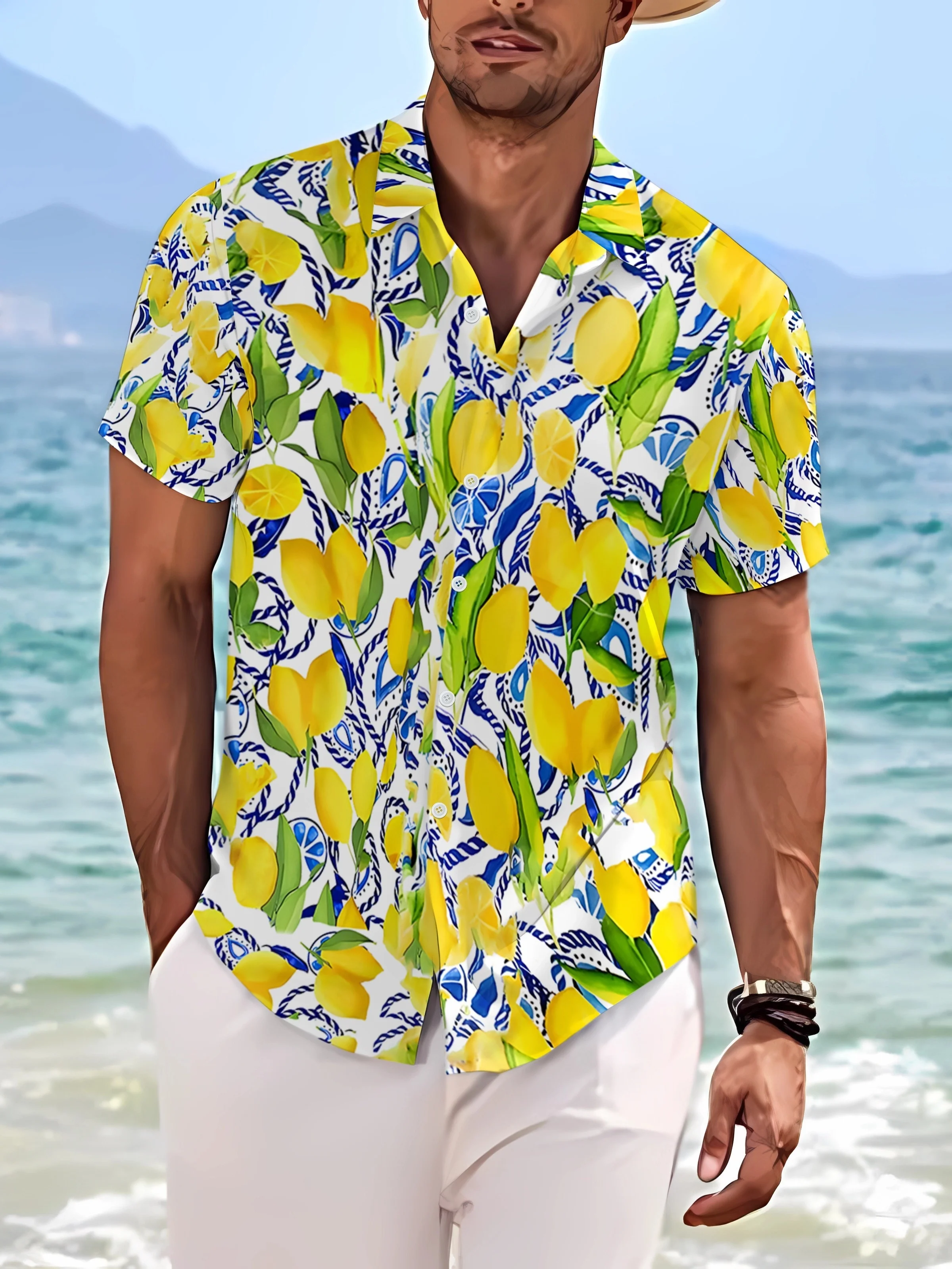 Men White Lemon Blue Rope Pattern Fresh Summer Print Cuban Collar Beach Shirt
