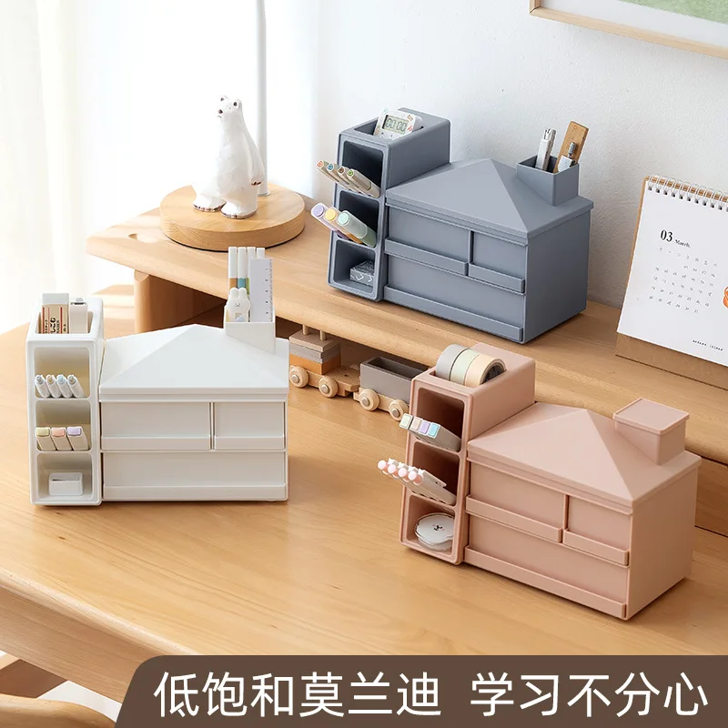 Small House Pen Holder Creative Storage Box Large Capacity Marker Pen Storage Oblique Pen Holder