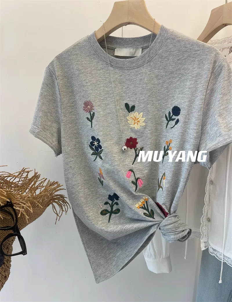 Korean Lovely Embroidery Floral Shirts for Women Pure Cotton White Loose Elegant Y2K Tops Summer Fashion Streetwear Flower Tees