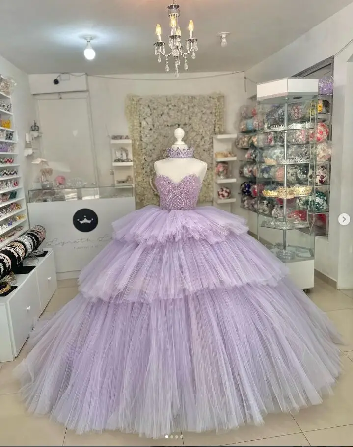 Lilac Lavender Princess Quinceanera Dresses Sweetheart Tiered Tulle Chapel Train vestido de debutante 15 anos sweet 16