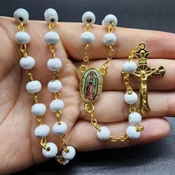 White Wooden Rosary Necklace For Women Crucifix Cross Pendant Long Chain Necklace Men  Religious Catholic Prayer Jewelry