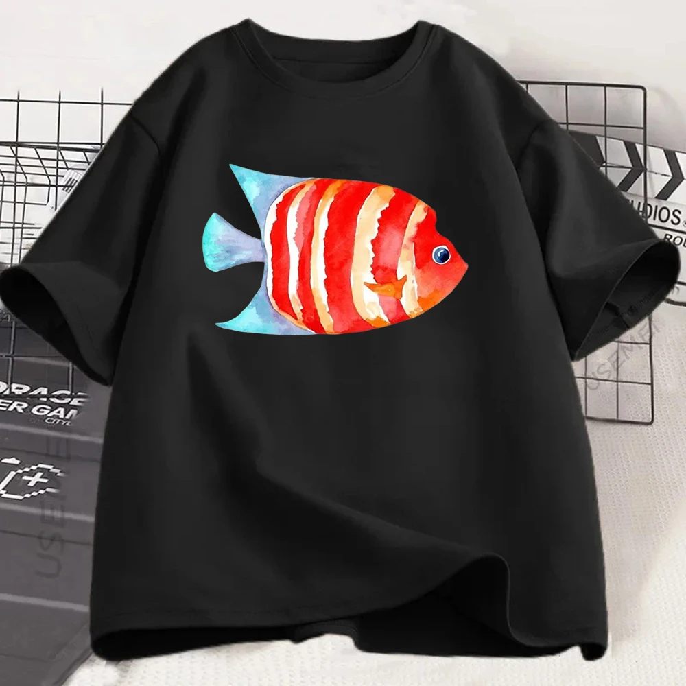 Vibrant Red & Blue Angelfish Print, Ocean Art Graphic T-Shirt, Soft Summer Top for Beach or Daily Wear Y2k Top Vintage Women T
