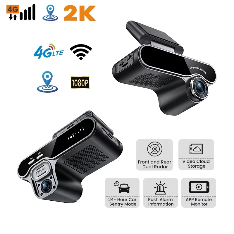 

2026 4G LTE Dash Cam 2K Dual lens Cloud DVR Motion Detection GPS Remote Live-View Infrared Night Vision Car Park Security Camera