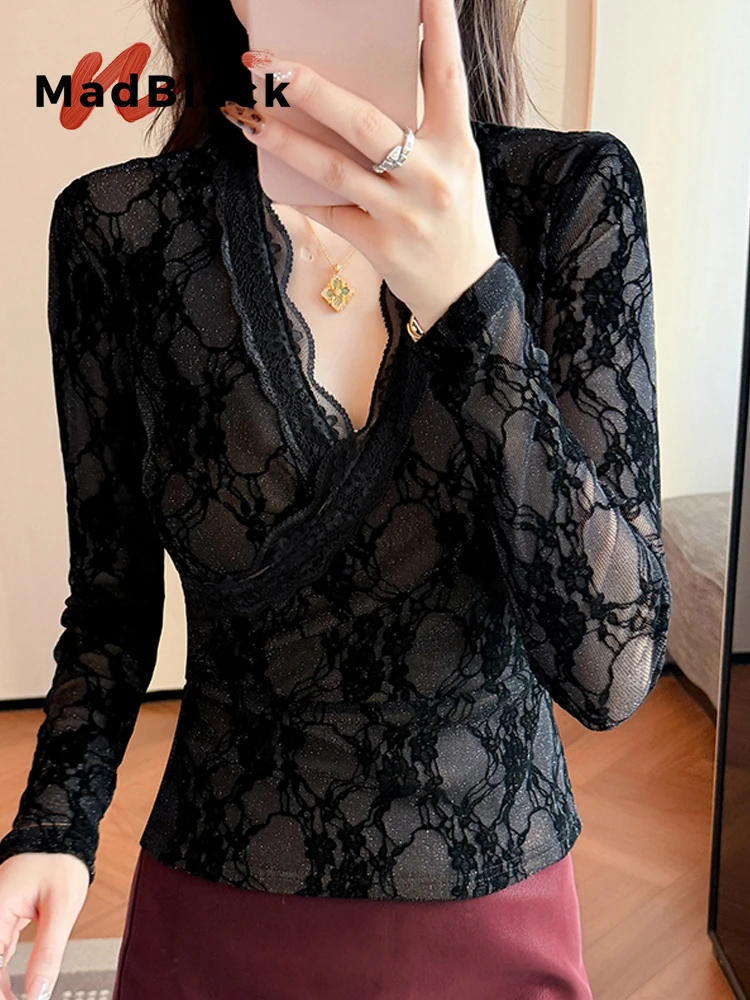 MadBlack-Women European Flocking T-Shirt, Sexy V Neck Lace, Korean Long Sleeve Slim S-3XL Knit Tee, 2026 Autumn New T69809CC