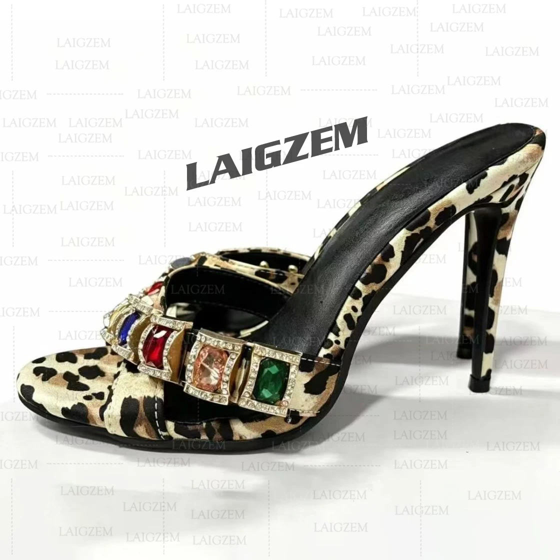LAIGZEM Women Pumps Crystal Open Toe Slip On  Mules Thin High Heels Sandals Party Handmade Shoes Woman Large Size 39 41 43 47 52