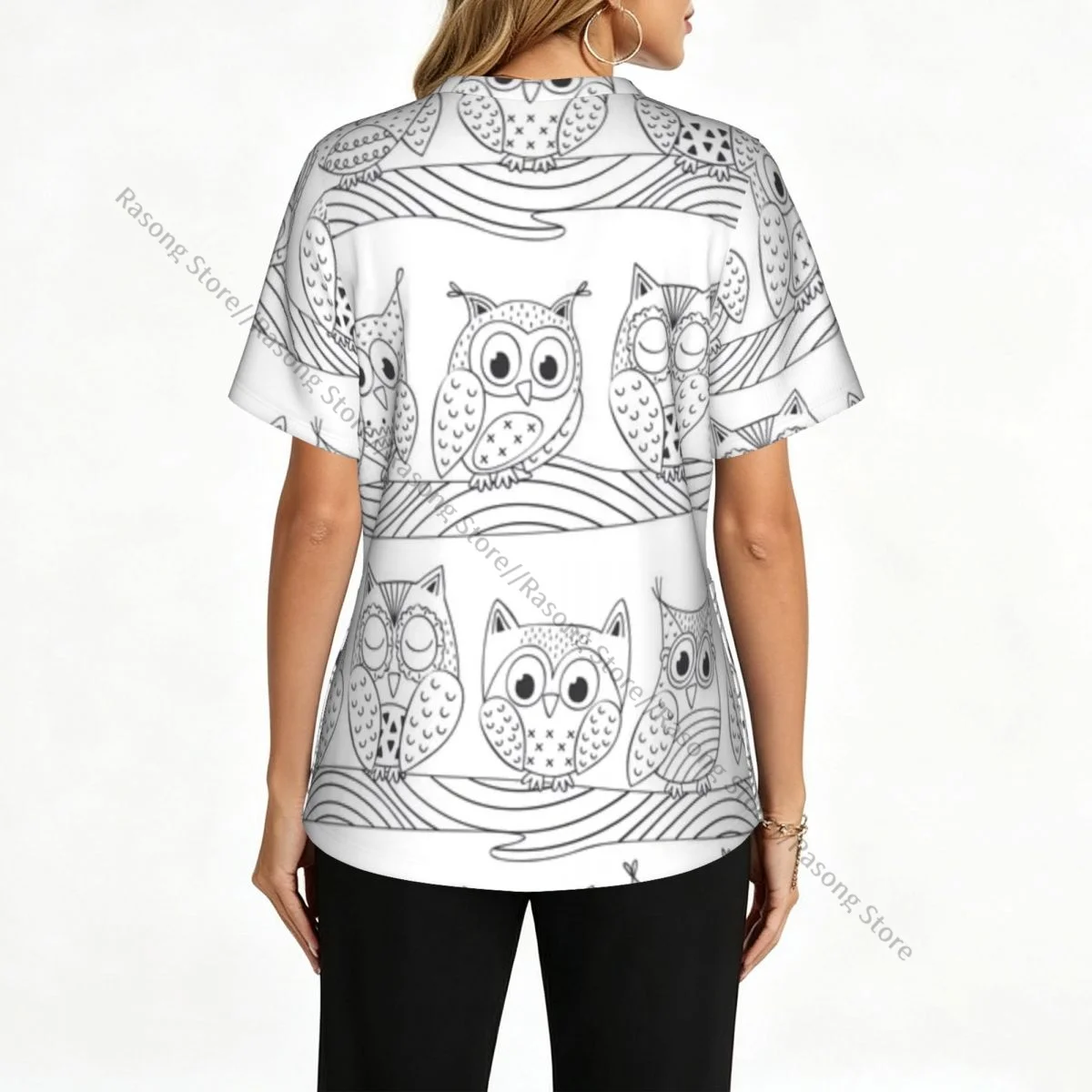 Cute Owls On Branch Pattern Scrubs tops medical uniforms women V Neck Stretch Scrub Shirt Dentist doctor Blouse