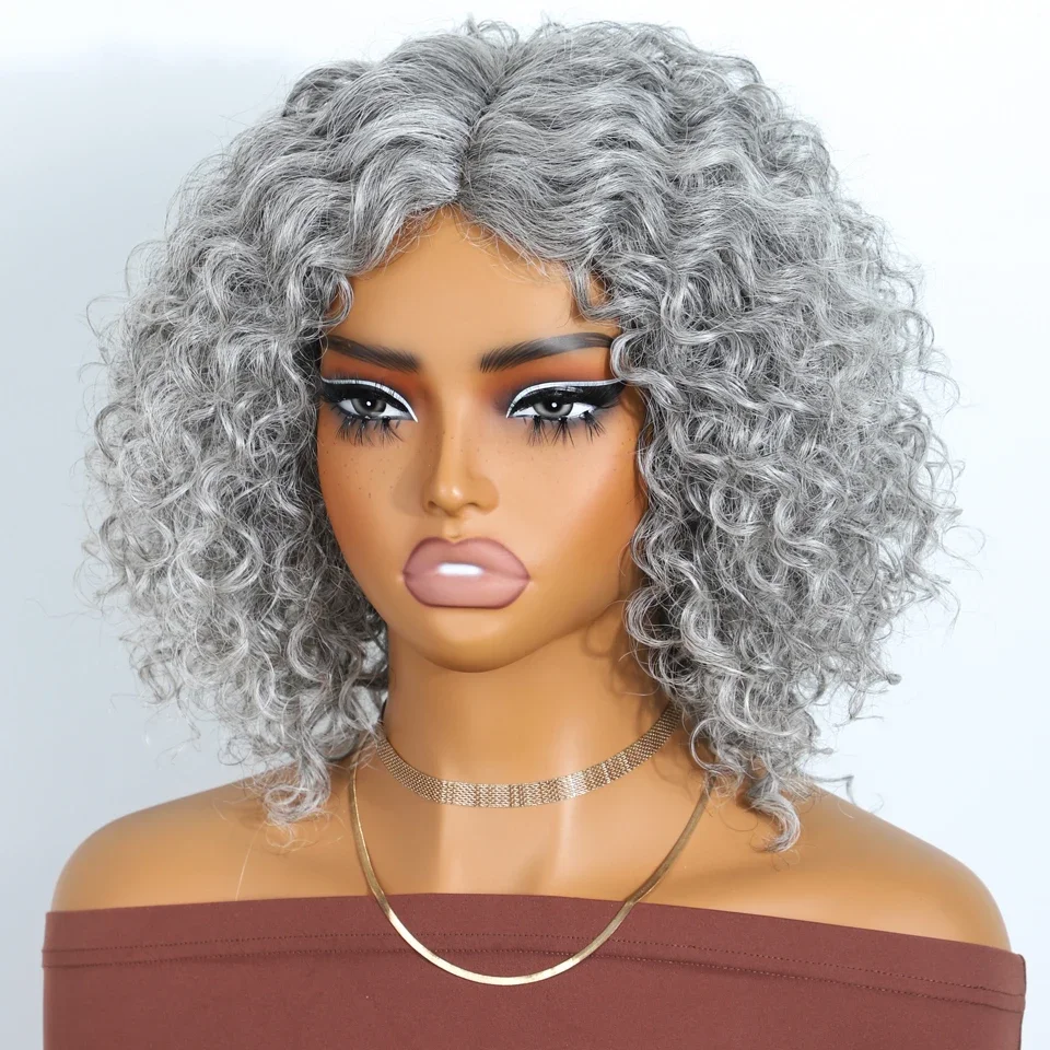 Silver Grey Kinky Curly Short Bob Middle Part Lace 100% Human Hair Wigs For Women Brazilian Remy Hair Salt and Pepper Hair Wig