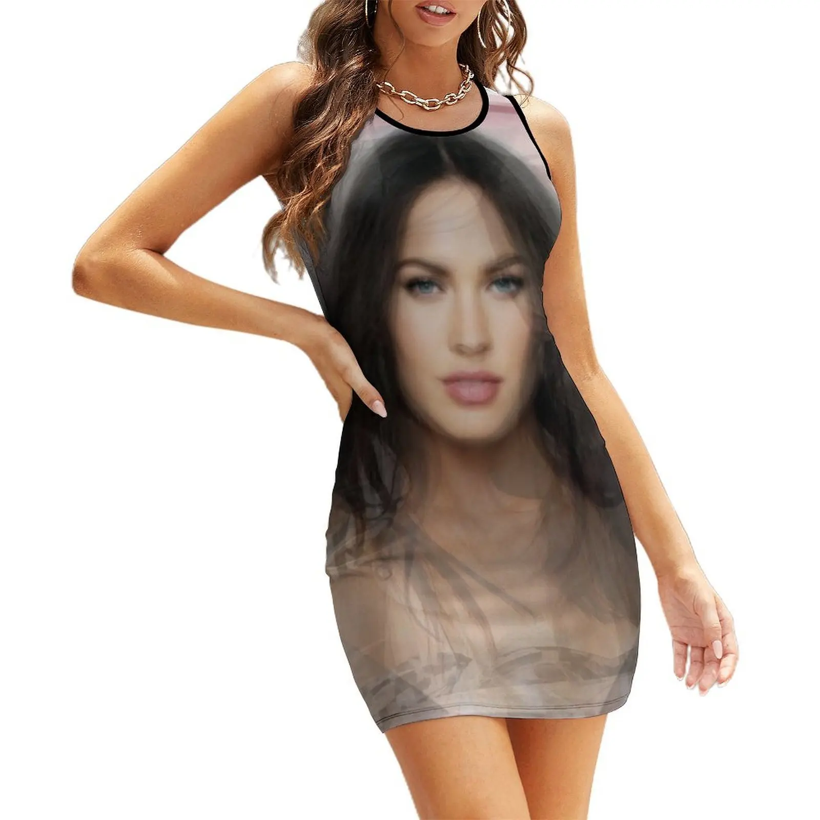 

Megan Fox Portrait Overlay Sleeveless Sundress birthday dress for women dresses for prom