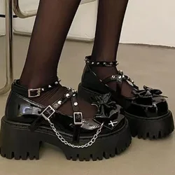 Zapatos negros Mary Jane Lolita, calzado de tacón grueso, antideslizante, nudo de mariposa, Moda de Primavera, para exteriores