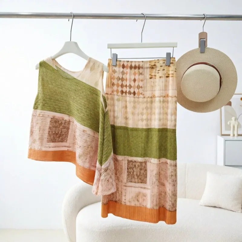  Pleated Sleeveless T-Shirt Summer New Fashion Printed Diagonal Vest Elastic Waist Women's Lightweight Stretch Skirt Set