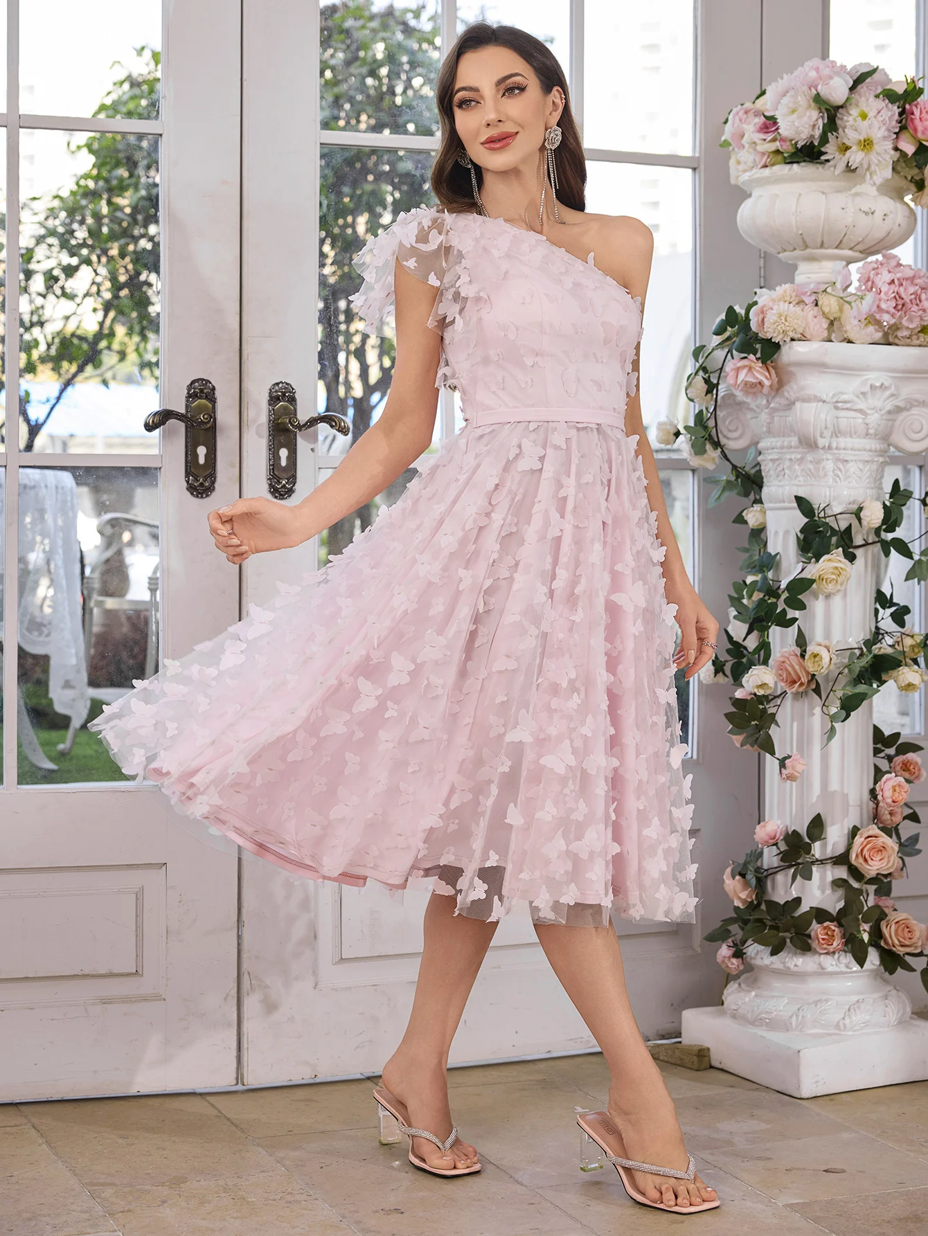 Sukienka druhna dla dziewczynek UNITHORSE z nieregularnymi rękawami, podkreślona w talii, z ozdobnym motylem, siateczkowa suknia wieczorowa na przyjęcie.