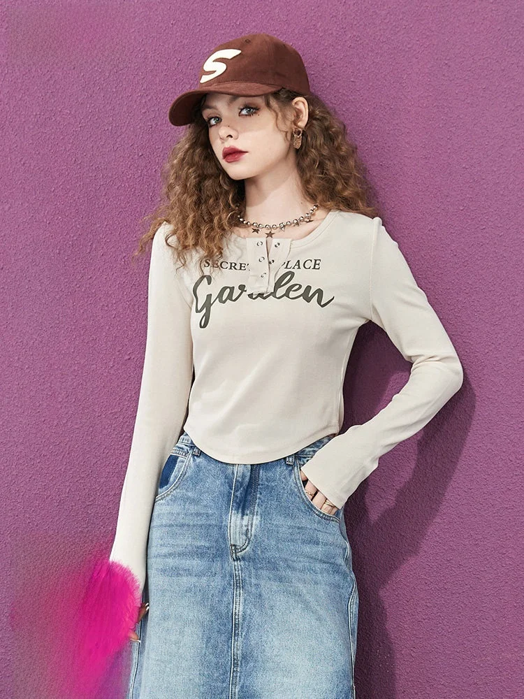 

Slim Fit ort Sve round Ne Letter Print Long Sve T-irt Women's Base irt Casual Sle Autumn New Arrival