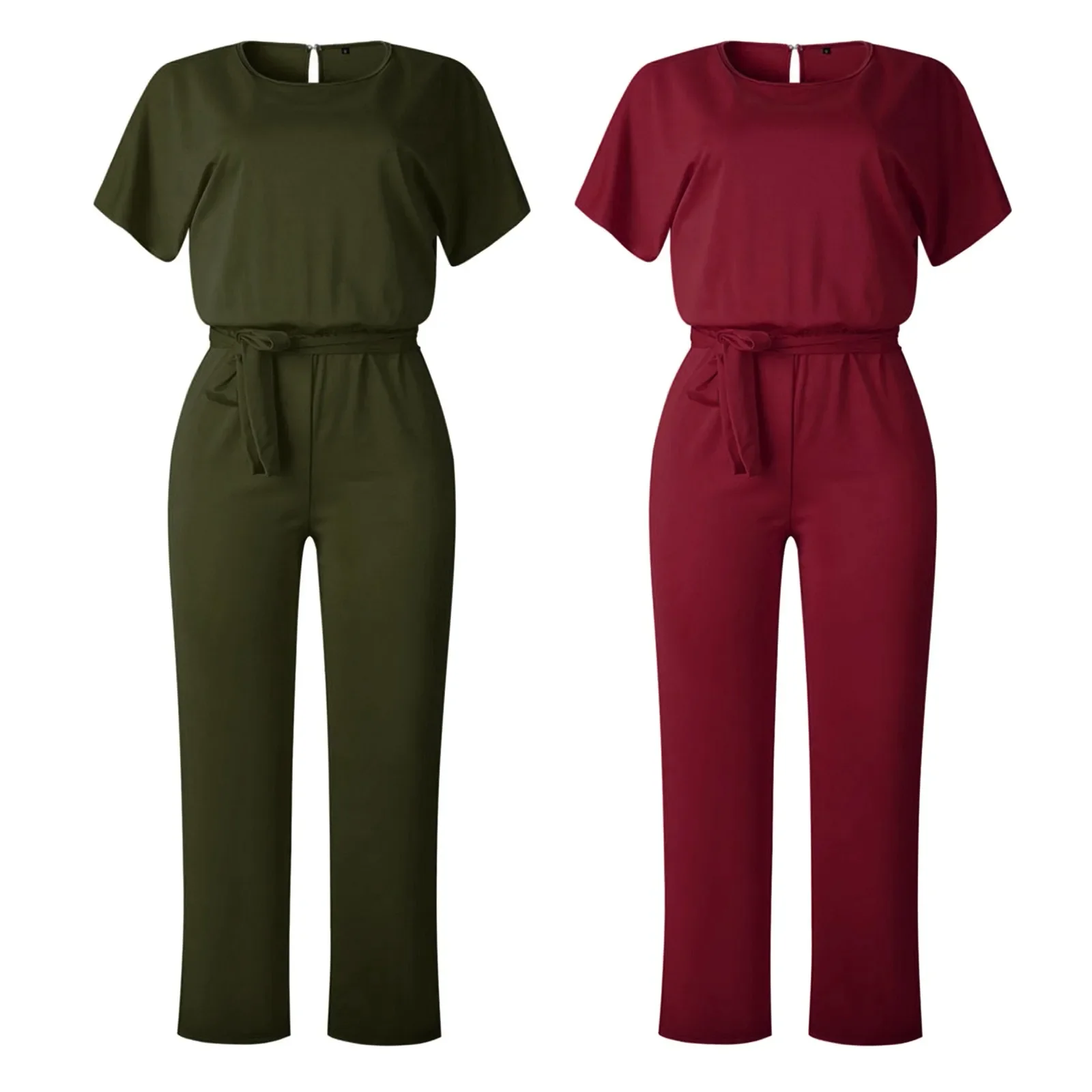 Jumpsuit Met Veters Hoge Taille, Elegante Dames Effen Kleur Romper Met Rechte Benen Mode Jumpsuit Met Korte Mouwen En Ronde Hals Voor Dating