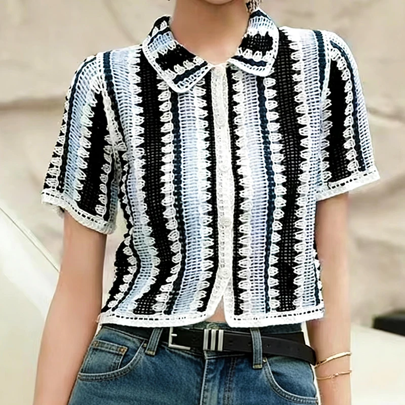 

Short Sleeve Button Up Crochet Shirt for Women Hollow-out Open-Knit Striped Blouse Spring Summer 2026 Bohemian Beach Cover-up