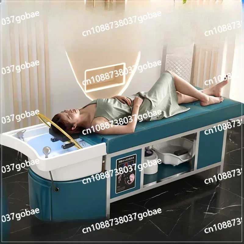 Water Circulation Shampoo Bed Special Ceramic Basin Steel Frame Massage Fumigation Head Therapy Bed for Barber