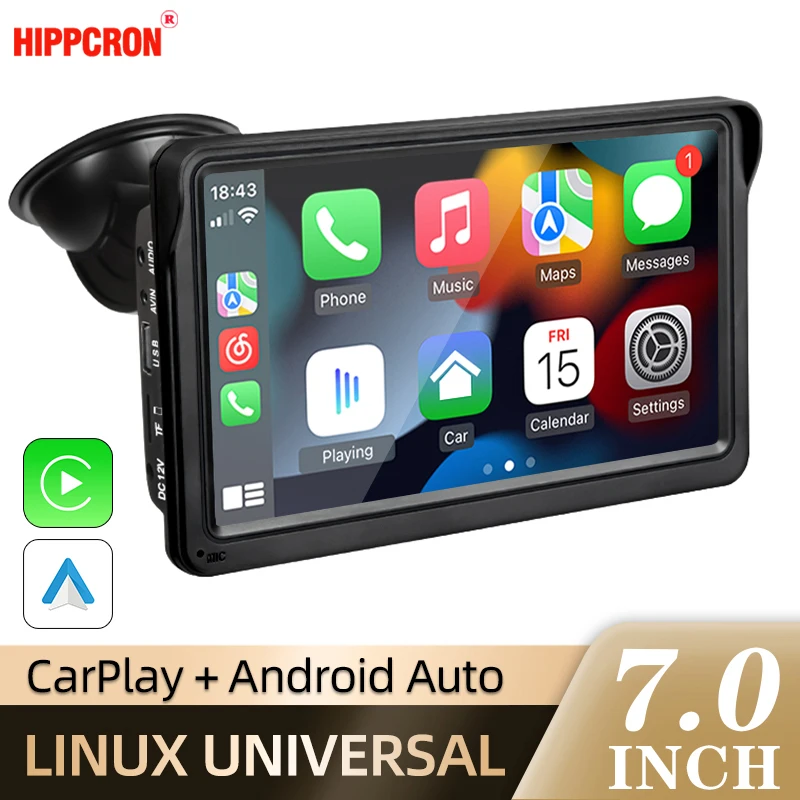 Hippcron 7inch Car Radio Multimedia Video Player Wireless Carplay And Wireless Android Auto Portable Universal Touch Screen 