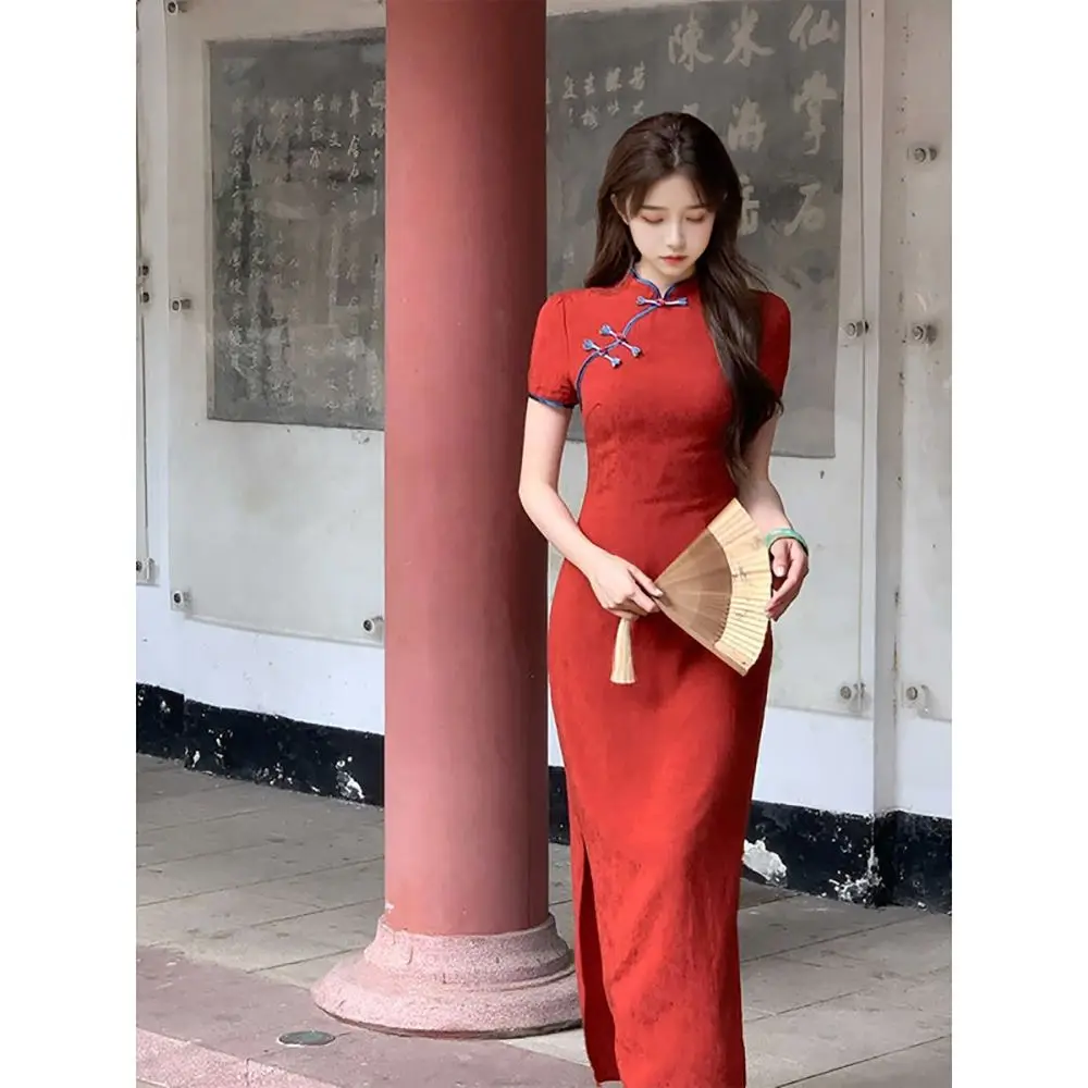 

Women's Fashion Red Dress, Slim-Fit Dress, Cheongsam, Vintage 2025, Neo-Chinese Style