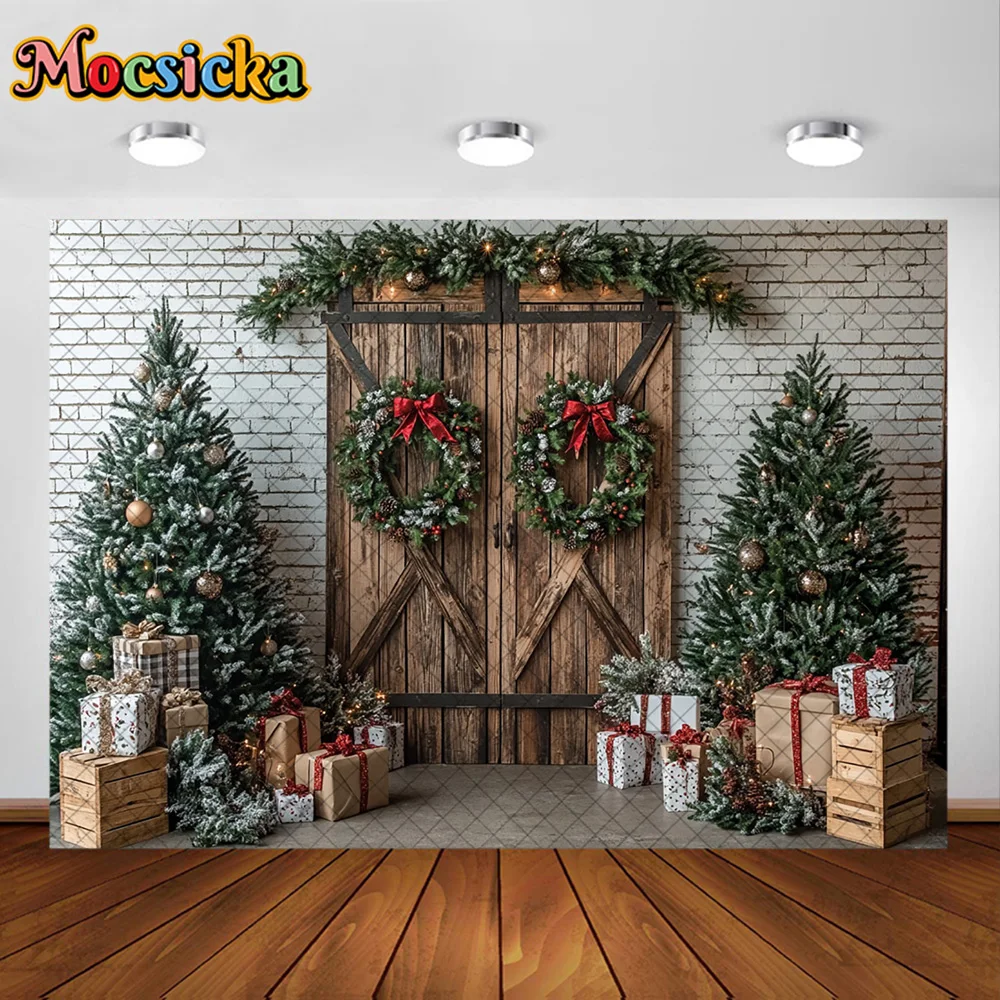 Mocsicka 写真撮影の背景 クリスマスルーム ツリードア リース 装飾背景 家族 子供 クリスマス ホリデー パーティー プロム スタジオ