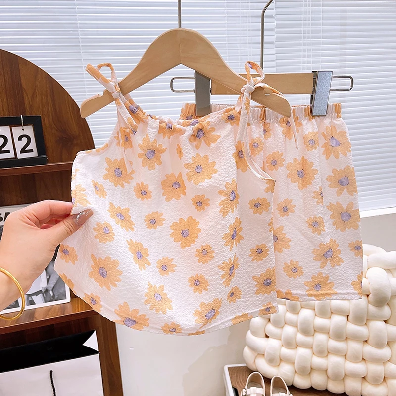 Fashion Floral Summer Thin Sleeveless T-shirts Shorts Sets for Baby Kids Girls Cooling Beach Traveling Tops Shorts for Children