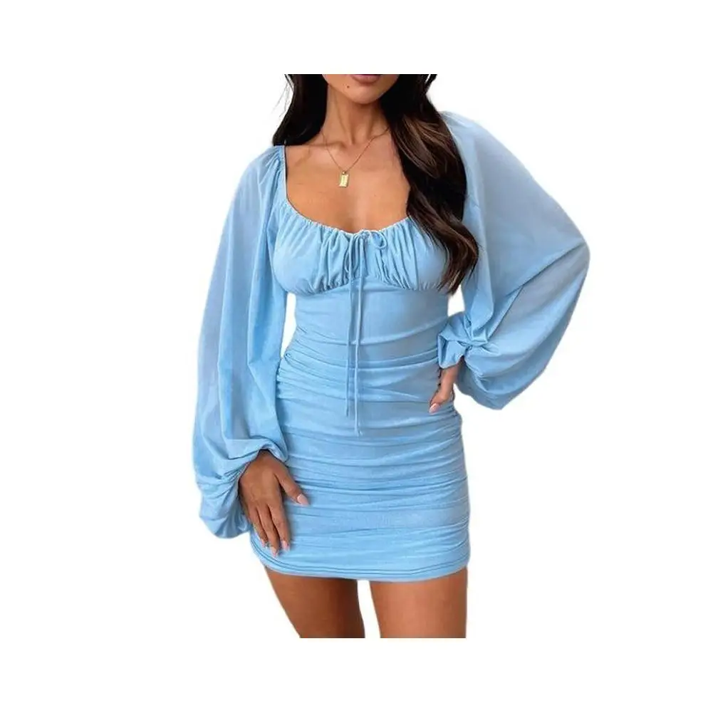 

Low Cut Puff Sleeve Short Mini Dress Fall Spring Women Square Collar Side Drawstring Bodycon Dress Party Office Lady