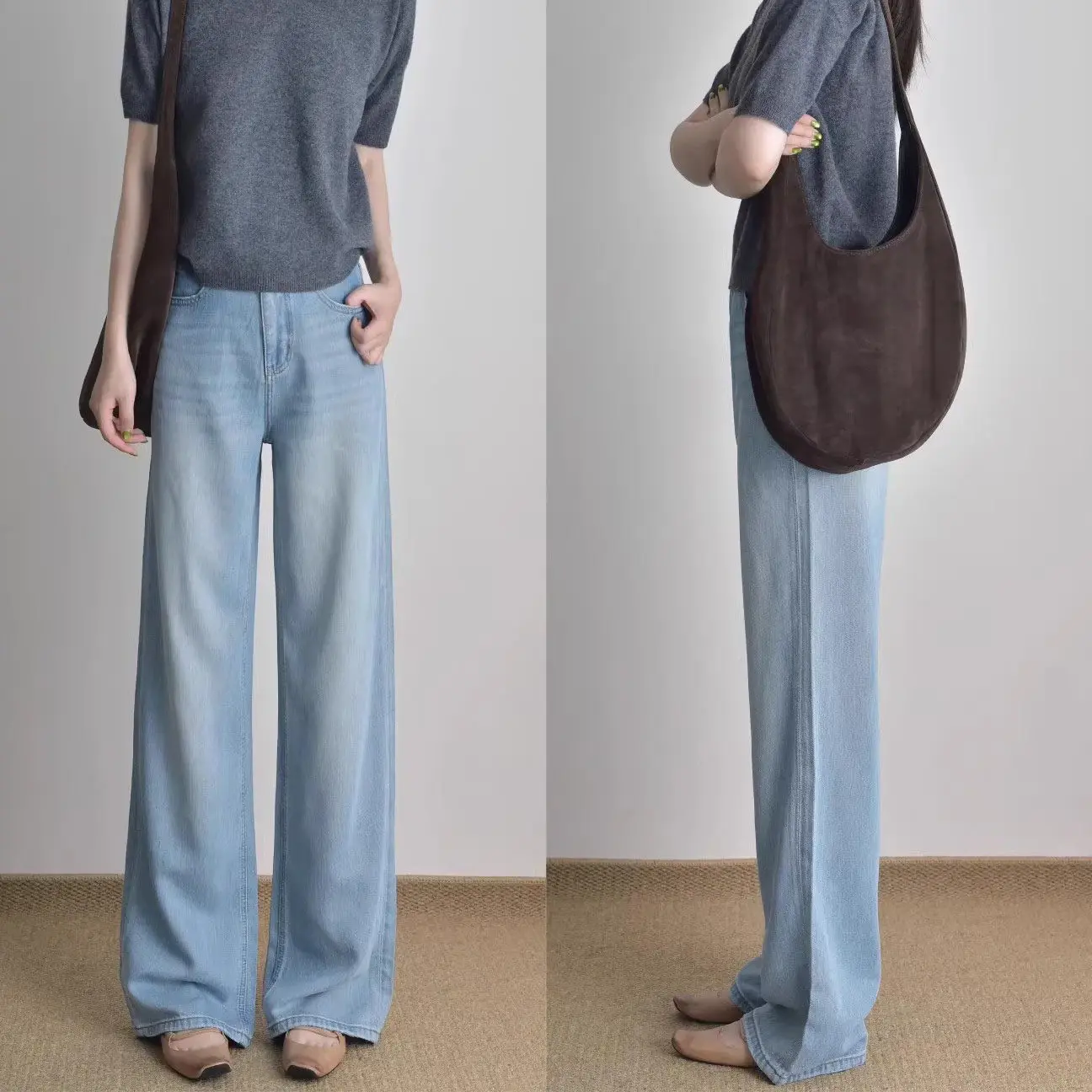 

Light Colored Lyocell Silk Denim Jeans Women's High Waist Thin Ice Silk Cool Feeling Breathable Wide Leg Pants Summer New Arr...