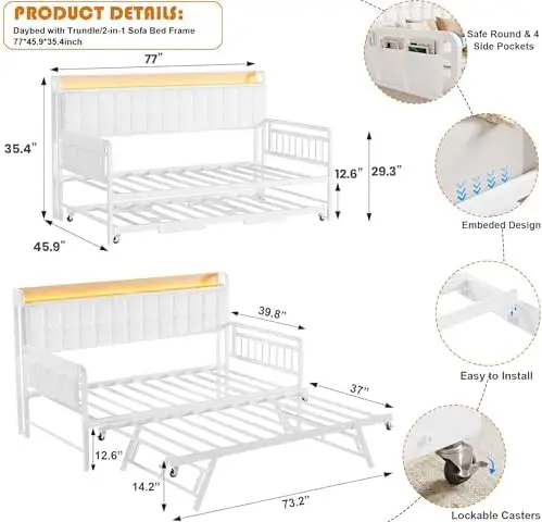 Twin Bed Frame Daybed with Trundle, LED Light, Charging Station | Upholstered Sofa Bed with Storage Headboard and Heavy