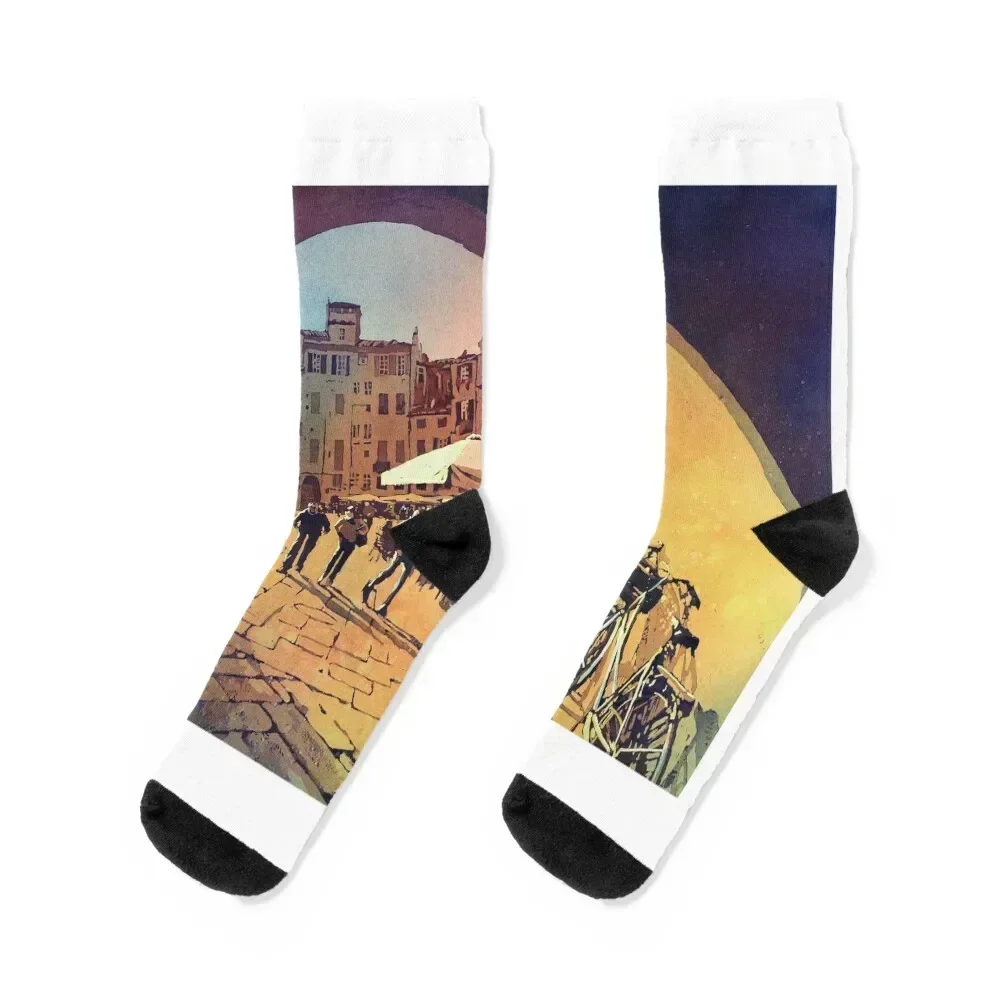 Watercolor painting of Lucca, Italy- people in the Anfiteatro central square. Painting Lucca Italy artwork Socks