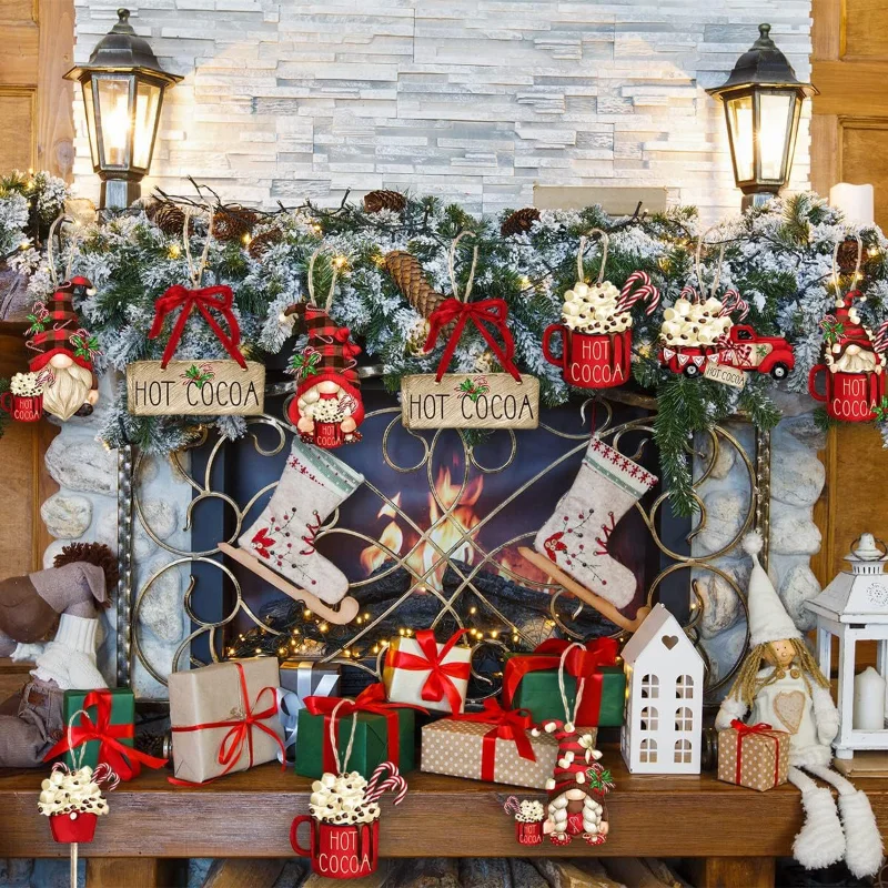 24pcs Wooden Christmas Hot Cocoa and Santa Claus Hanging Decoration Pendant for Outdoor Festival  Party  Gift (with Rope)