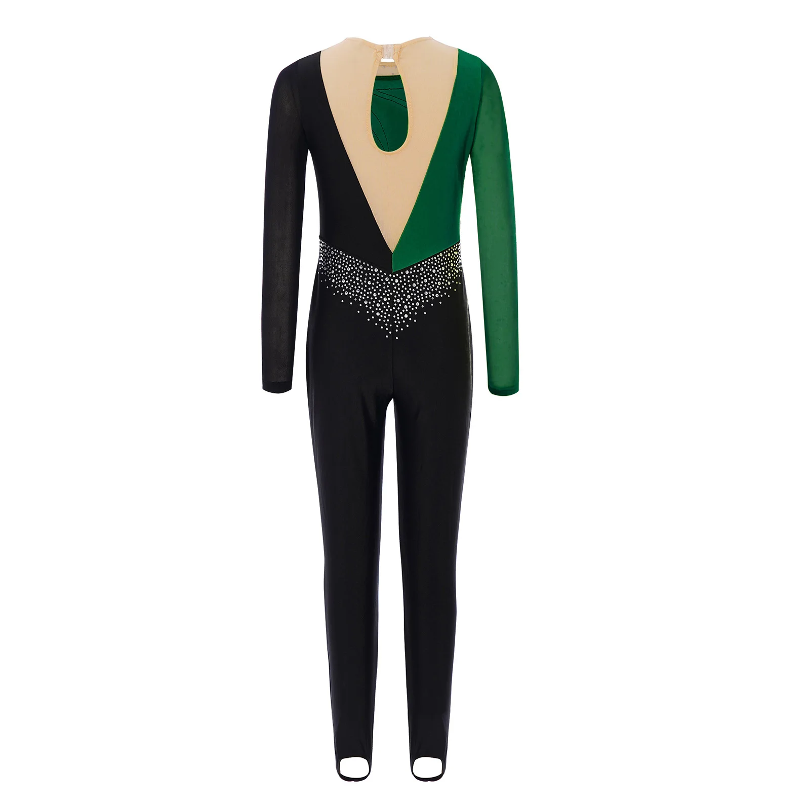 Kids Girls Gymnastics Performance Costume Mesh Patchwork Long Sleeves Keyhole Back Shiny Rhinestones Color Block Dance Jumpsuit