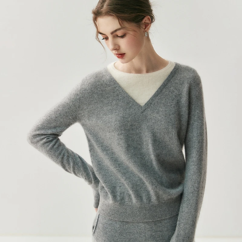 

MEELEX Classy Women 100% Cashmere Sweater Fake Two-Pieces O-neck Pullover Tops Comfy New Autumn Winter Warm Knitted Blouse