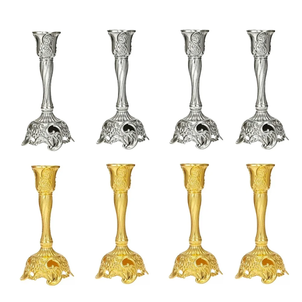 4pcs Elegant Floral Candle Holders, Sturdy Alloy Single Head Candlestick Gold Silver Finish, Home Decor