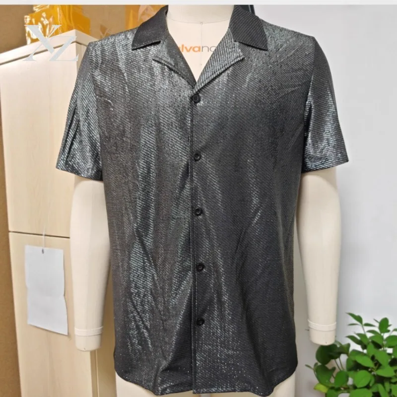 Opening Sale |Men's Shiny Metallic Cuban Collar Short Sleeve Shirt, Black Glitter Party Button Down Blouse