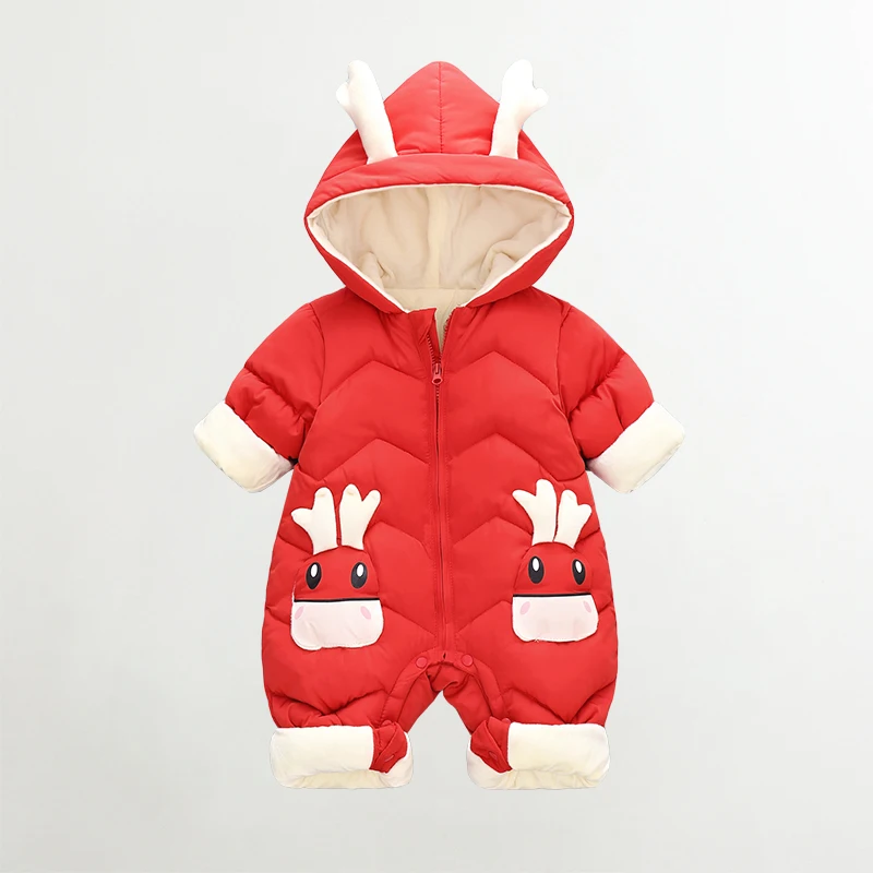 UNIFEMEN 2024 Baby Winter Snowsuit Plus Velvet Thick Baby Boys Jumpsuit 0-2 Years Newborn Boys Cartoon Romper Hooded Overalls