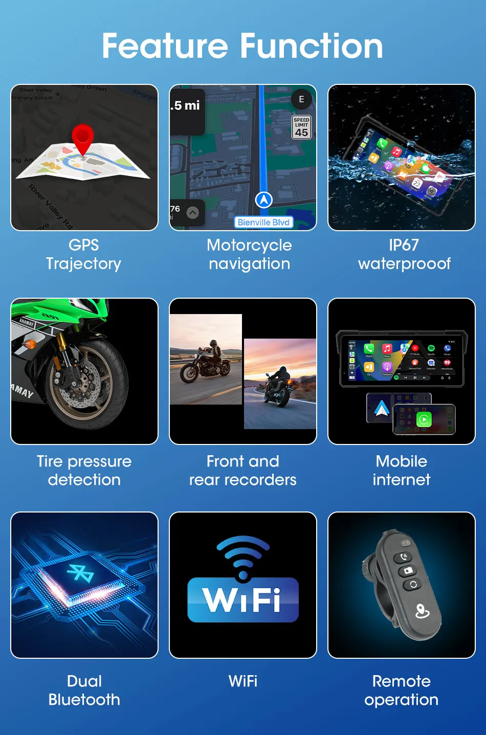 Srnubi 5/8,1 Zoll Motorrad-Navigation vorne 4K + hinten 1080P DVR IPX7 wasserdichter tragbarer Carplay/Android Auto Bluetooth-Monitor – Detail 3