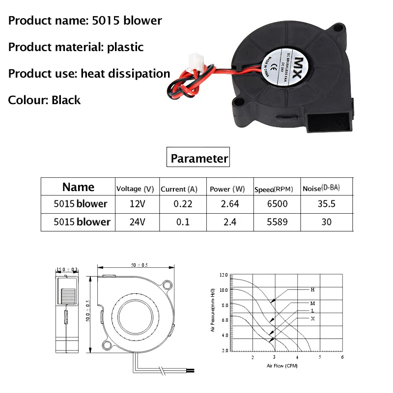 Ventilador para Extrusora Peças de Impressora 3D, Ventiladores de Plástico Preto, Ventilador Turbo, 12V, 24V, 5cm, 50x50x15mm, 4020, 5015, 2pcs