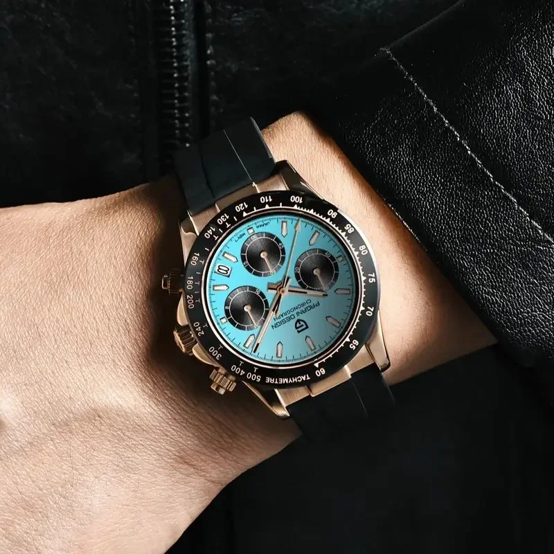 PAGANI DESIGN Male Luxury Watch Turquoise Blue Dial Sport Chronograph Quartz Wristwatch Automatic Date Waterproof Mens Watch