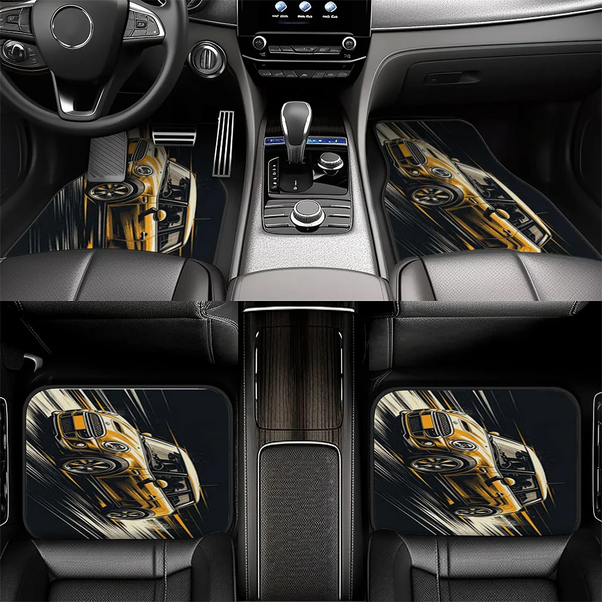 5pcs Car Floor Mats, Trunk Mat With Dynamic Golden Sports Car Speeding Pattern, Material, All-Weather Protection, Anti-Slip Back