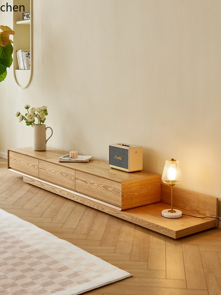 

HTT TV cabinet coffee table combination modern simple light luxury log retractable solid wood TV cabinet