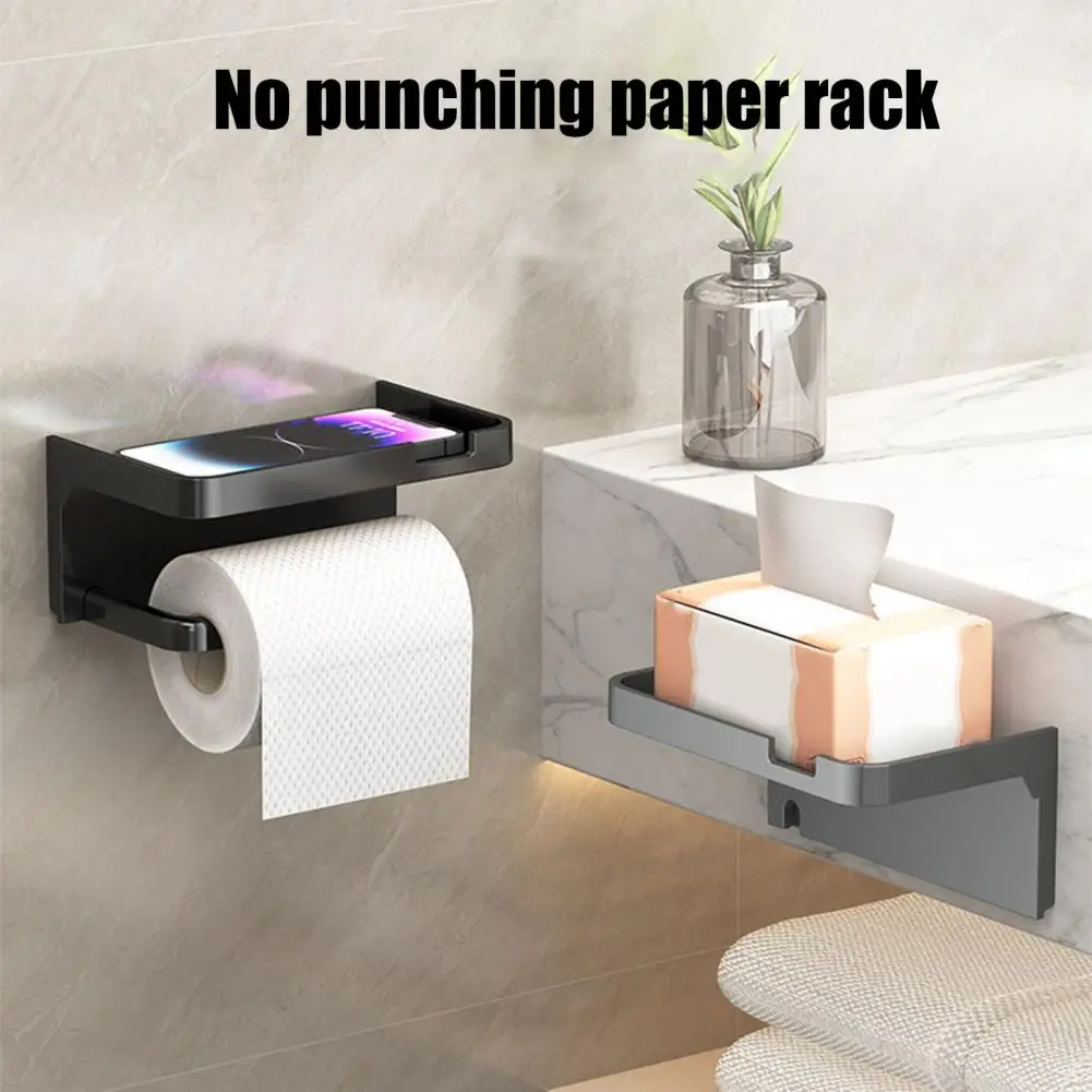 Metal Toilet Paper Holder Bathroom Organizer with Storage Shelf Self-adhesive Toilet Paper Holder for Simple Installation Strong