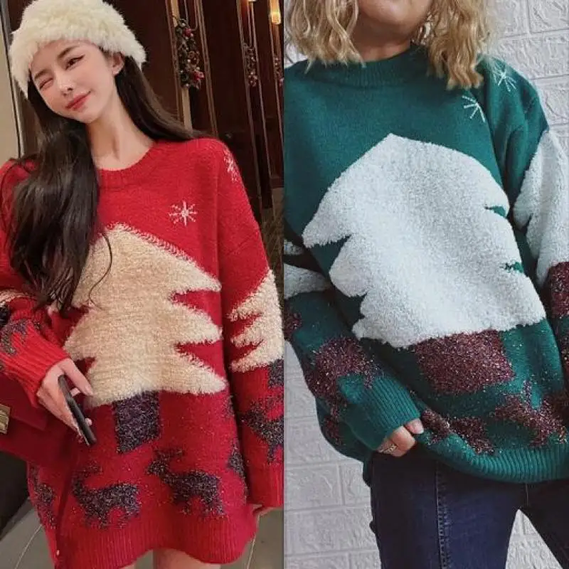 

New Year's Red Christmas Sweater Women Fawns Jacquard Snow Loose Thick Pullover Sweater