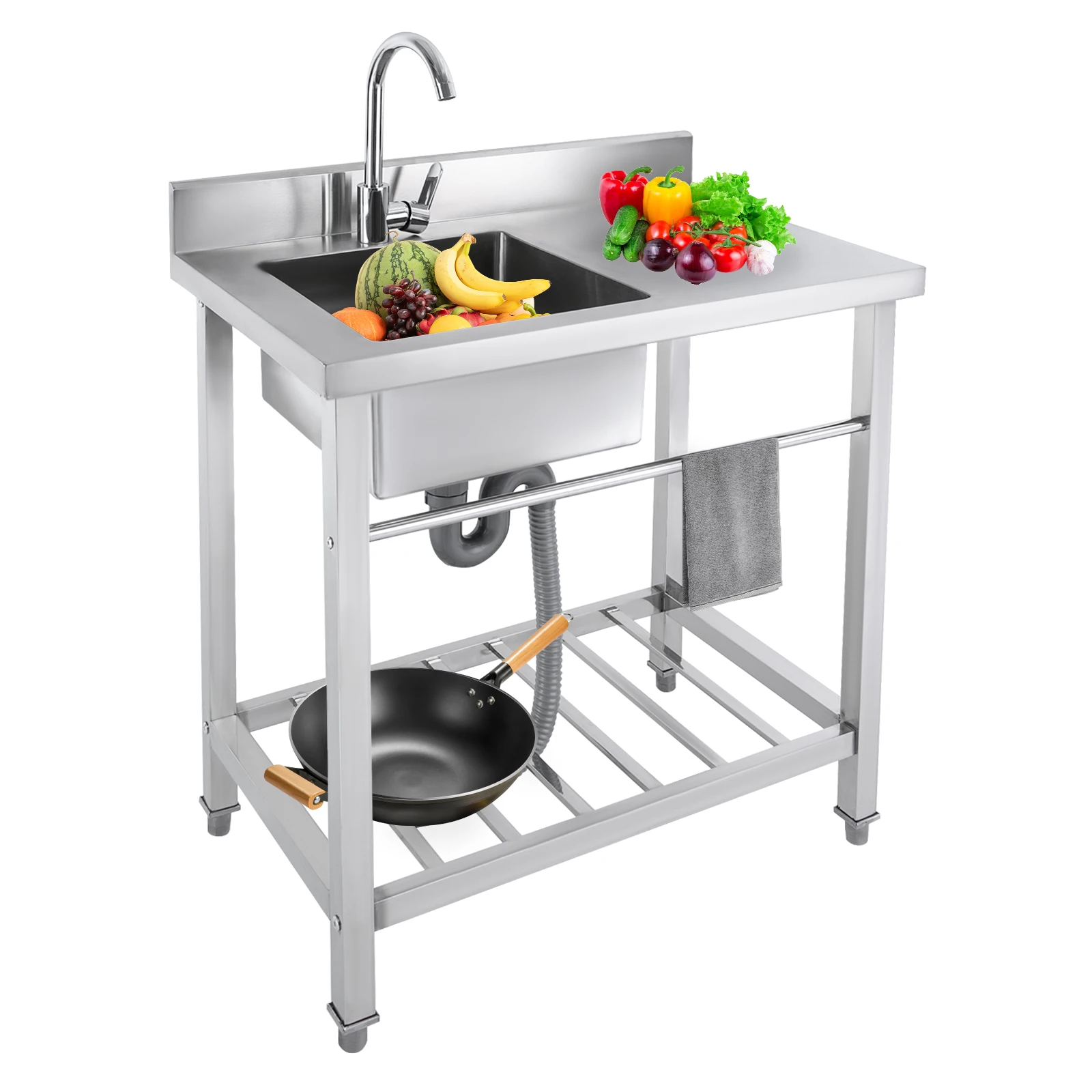 Fregadero de Cocina Independiente de Acero Inoxidable, con Encimera, Grifo y Soporte para Tubería Cuadrada, para Exteriores, Hogar y Jardín