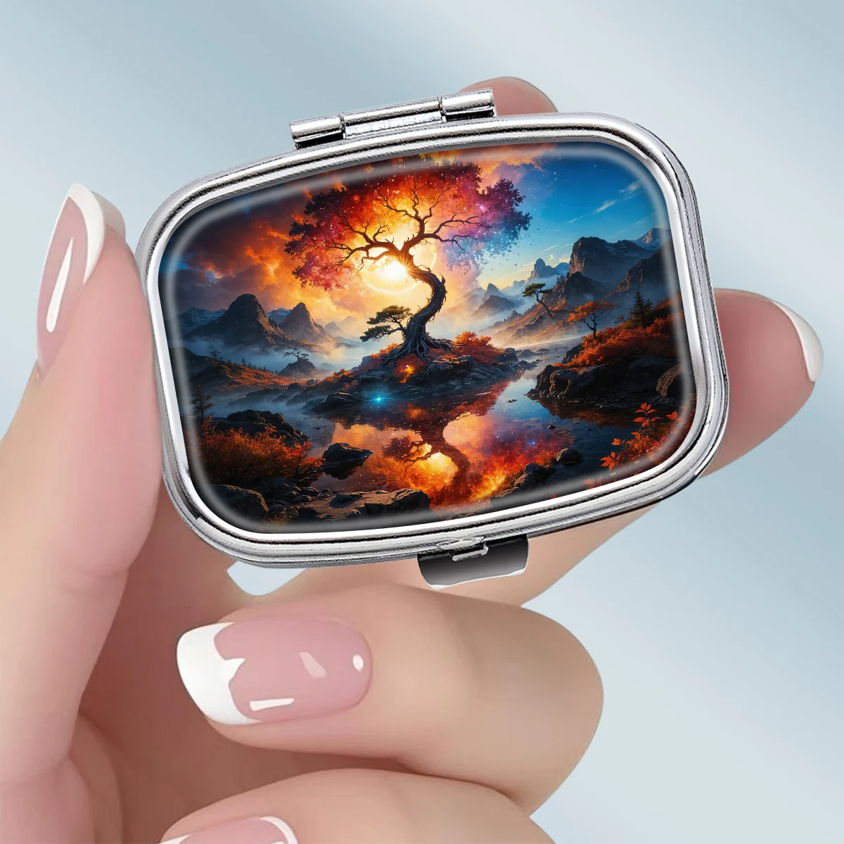 1PC compact 2-compartment square metal pill box, designed with a fantasy and grand spirit tree secret realm theme, portable decorative vitamin storage box, or a unique gift for a wallet