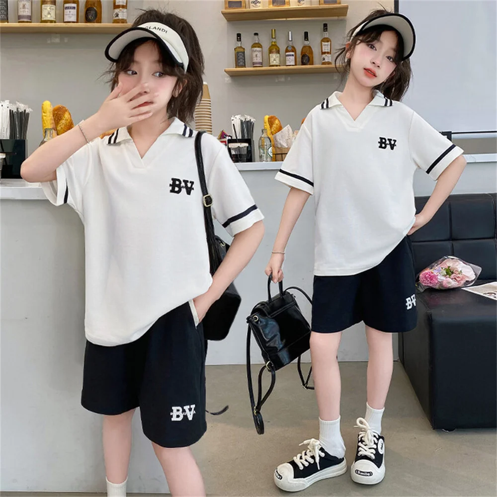 

198 Children's Set Summer Pure Cotton V-neck Polo Set College Style Girl T-shirt And Shorts Set