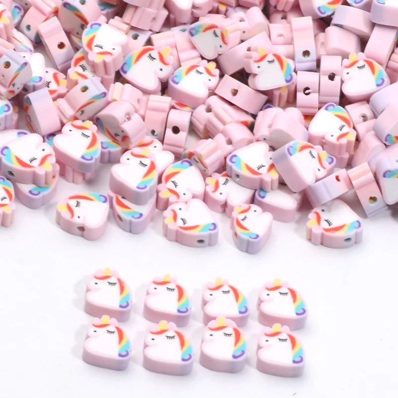 20/50/100pcs 10mm Cartoon Unicorn Polymer Clay Beads Loose Spacer Beads For Jewelry Making Bracelet Necklace DIY Accessories