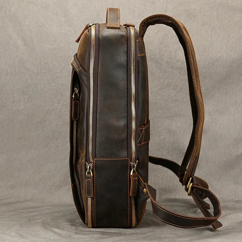 Yao Dong Vintage Travel Backpack leather double zipper bagpack male crazy horse leather backpack handmade leather travel bag men