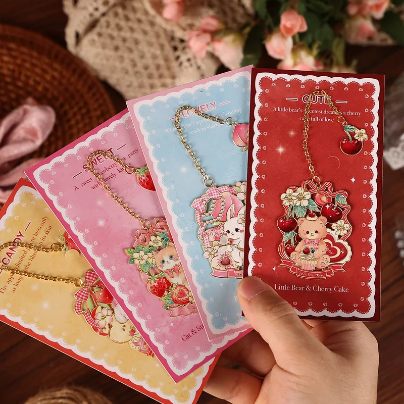 Cute Strawberry Bear Bunny Brass Bookmark with Pendant Chain – Kawaii Animal Metal Book Marker Stationery Gift for Kids Girls view 2