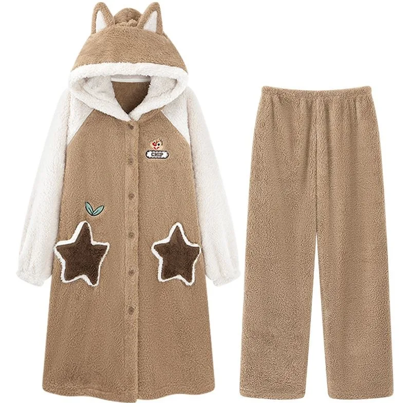 

Disney Cute Chip 'n' Dale creative cartoon pattern simple and fashionable thickened warm coral velvet hooded home clothes set