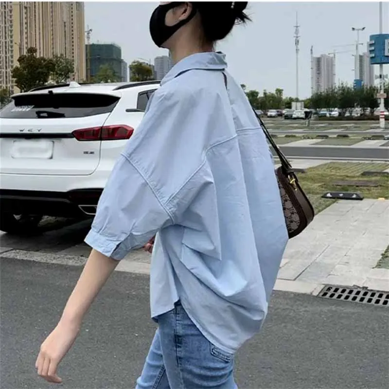 Female Solid Color Summer Loose Fitting Half Sleeve Personalized Small Shirts Tops Women Fashion Short Sleeved Cardigan Blouse